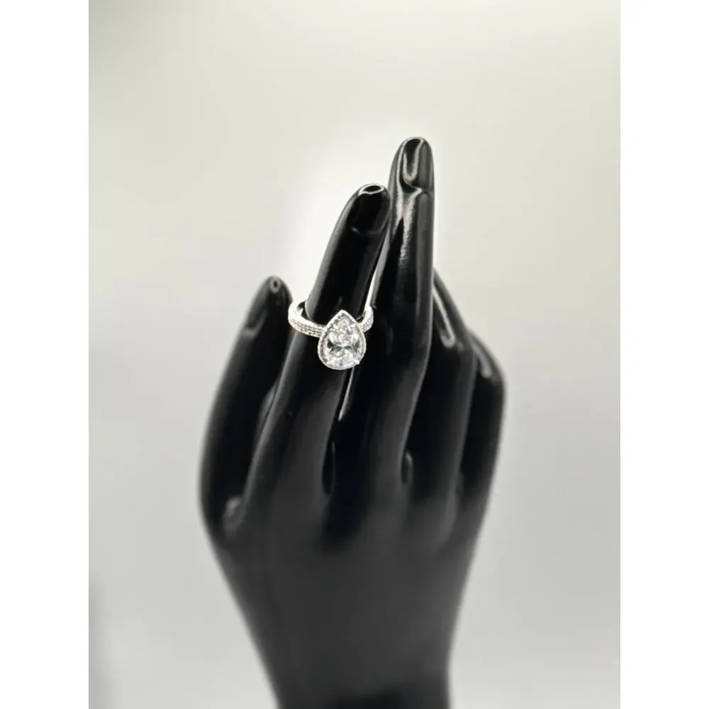 Pear Cut CZ Halo Ring Size 5 | Silver Plated Stainless Steel | Hypoallergenic